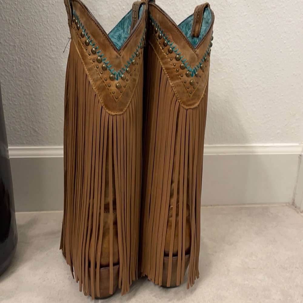 Corral Tan and Teal Fringe Heeled Boots - Picture 6 of 8